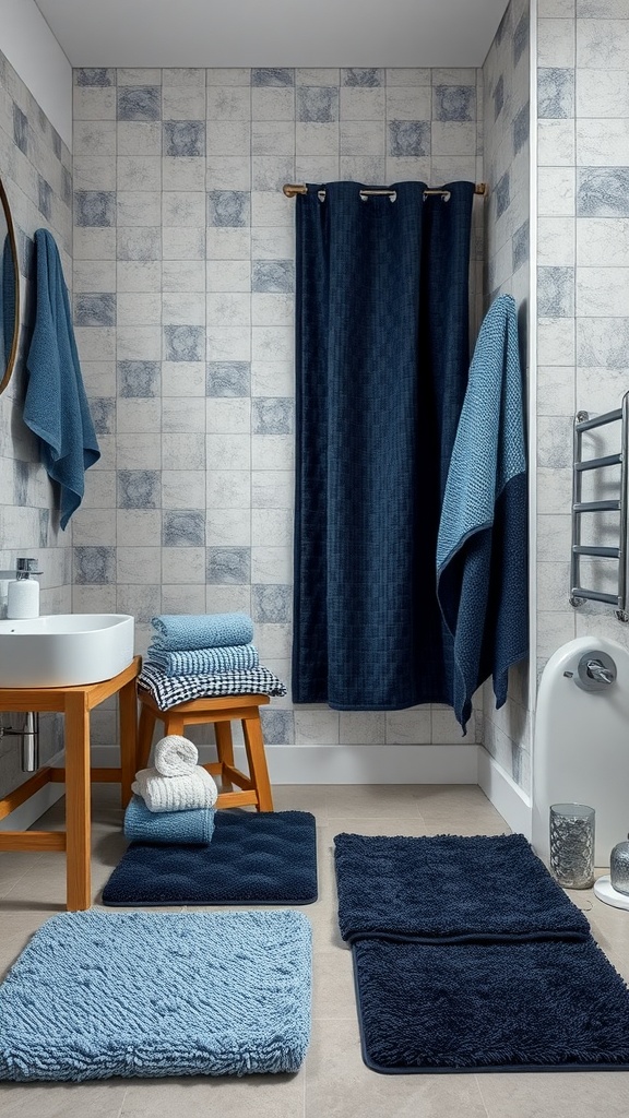 A bathroom featuring blue and black textured rugs and towels, enhancing the overall aesthetic.