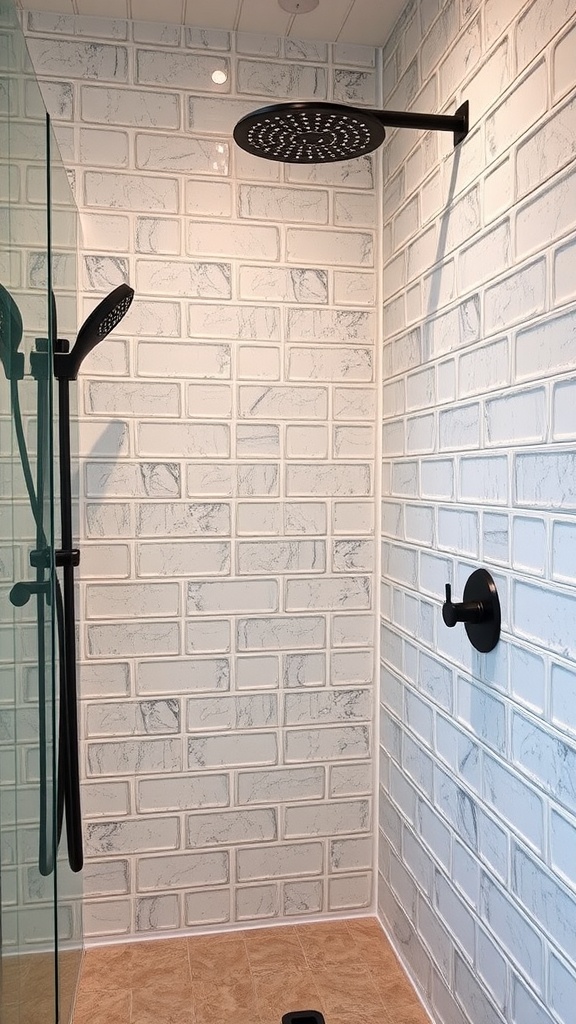 Shower area with textured wall tiles resembling brick, black fixtures, and a glass enclosure.