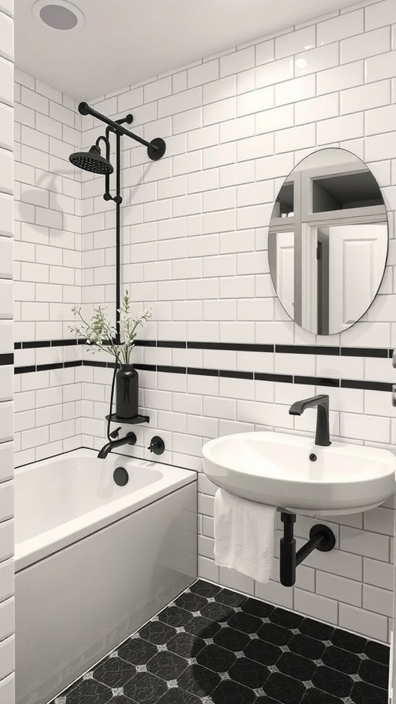 A stylish bathroom featuring white tiles, black grout, and modern fixtures.