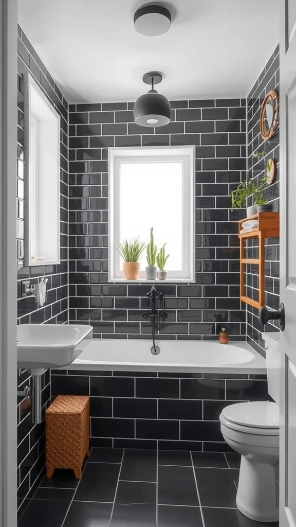 A stylish bathroom featuring black subway tiles on the walls, a white bathtub, and decorative plants.