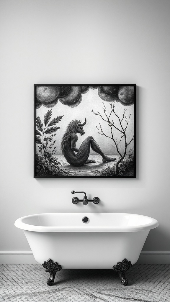 Black-and-white artwork featuring a mysterious figure in a black aesthetic bathroom.