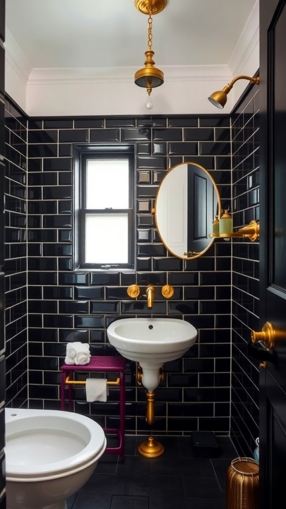 A vintage-inspired black tile bathroom featuring gold fixtures and a pink stool.