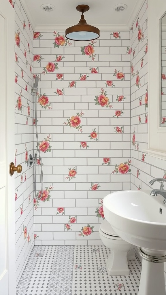 A farmhouse bathroom shower with vintage floral tiles and patterned flooring.