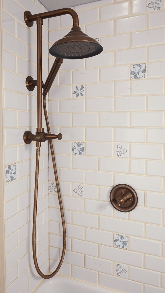 Antique finish shower fixture against light-colored tiled wall in a farmhouse bathroom