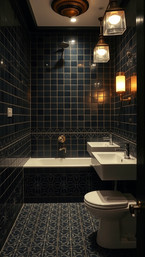 Bathroom featuring black tiles with Art Deco design elements