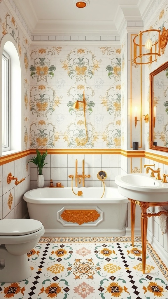 Art Deco inspired vintage bathroom design with floral tile patterns and gold accents.