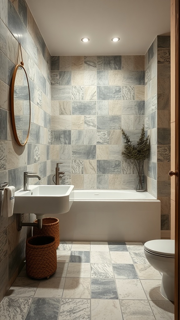 A vintage bathroom featuring artisan crafted stone tiles in earthy tones, with a modern sink and woven baskets.