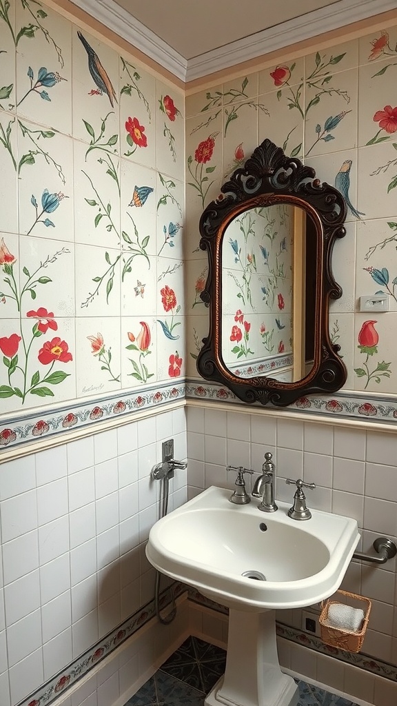 A vintage bathroom with hand-painted tiles featuring floral and bird designs.