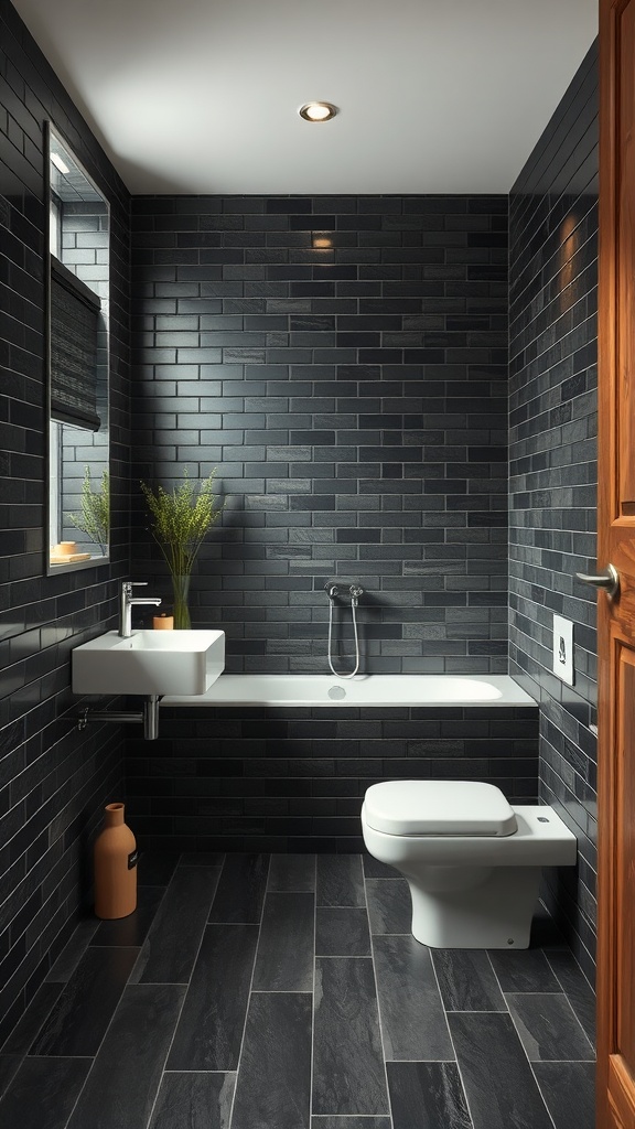 A modern bathroom featuring black tiles on the walls and floor, a natural wood door, and a minimalist design.