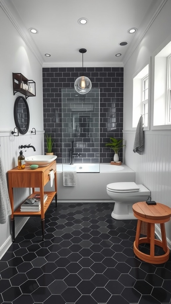 A modern bathroom featuring black hexagonal floor tiles, a wooden vanity, and stylish decor.