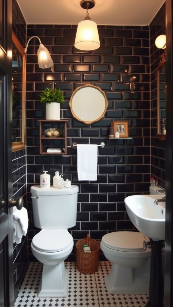 A stylish black tile bathroom featuring black subway tiles, white fixtures, and decorative elements.