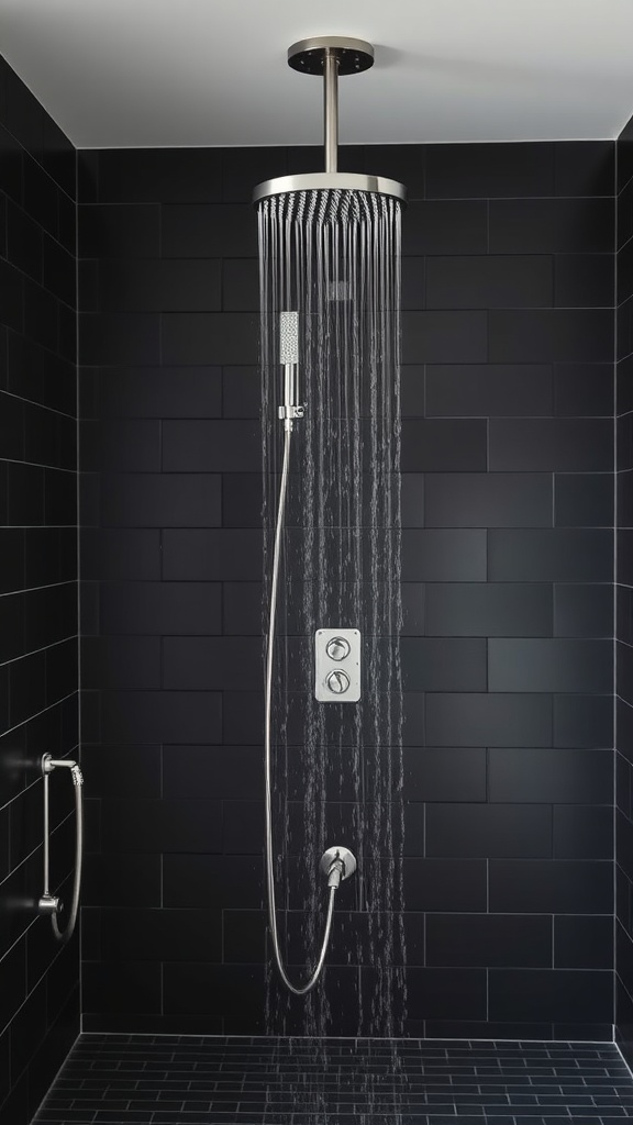 A modern black tile shower with a rainfall showerhead and handheld option