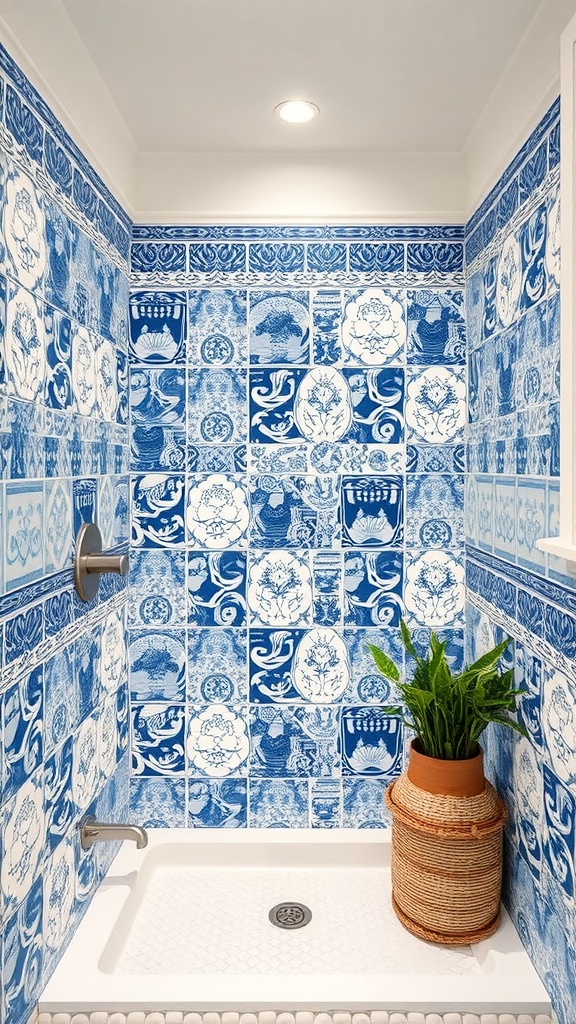 A bathroom shower with blue and white patterned tiles, a white shower base, and a potted plant.