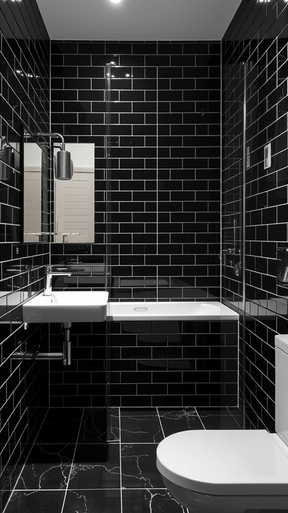 Modern bathroom with black tiles and glass shower enclosure