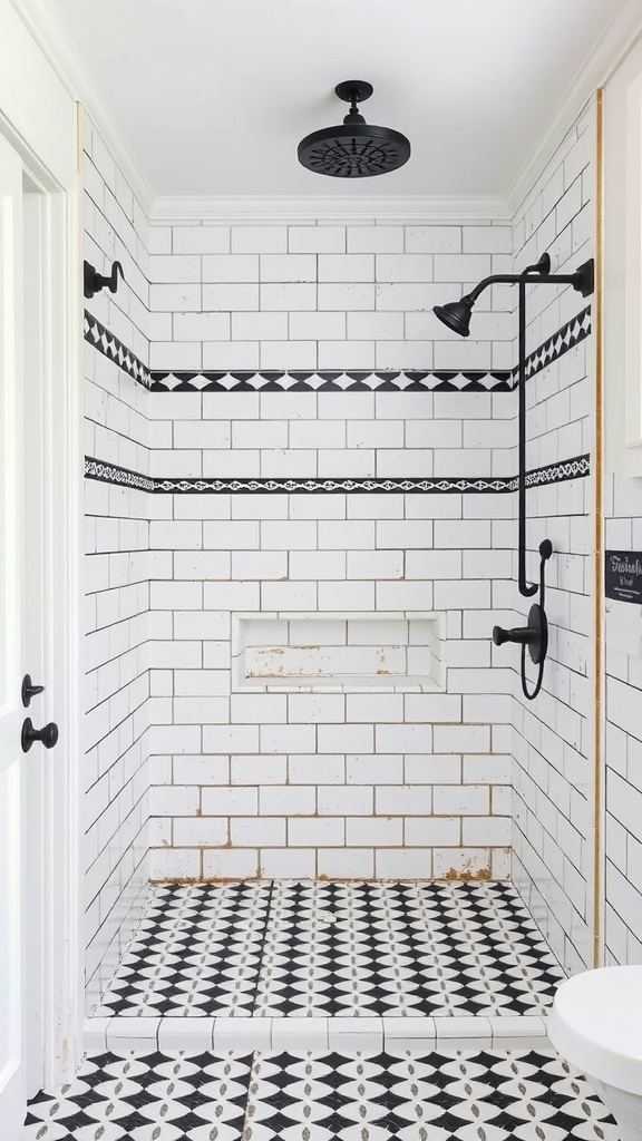 A farmhouse bathroom shower with bold black and white tile patterns