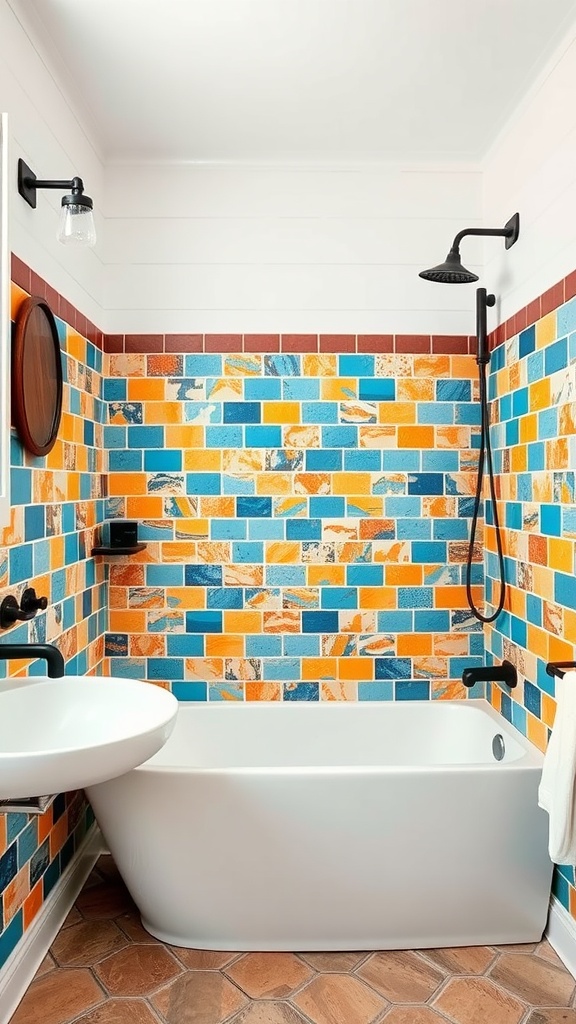 Farmhouse bathroom with vibrant blue and orange tile shower area, white bathtub, and modern black fixtures.