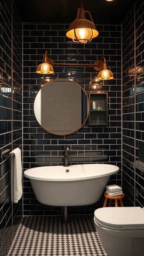 Bathroom with black subway tiles, featuring unique lighting fixtures and a round mirror.