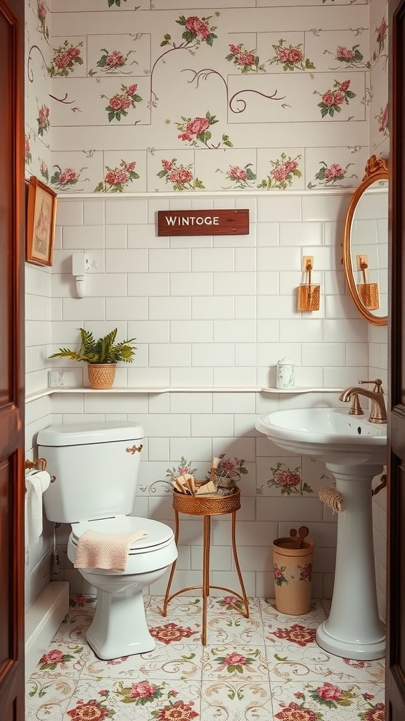 A vintage bathroom featuring charming floral tiles on the walls and floor, with a white toilet and sink, wooden decor, and plants.