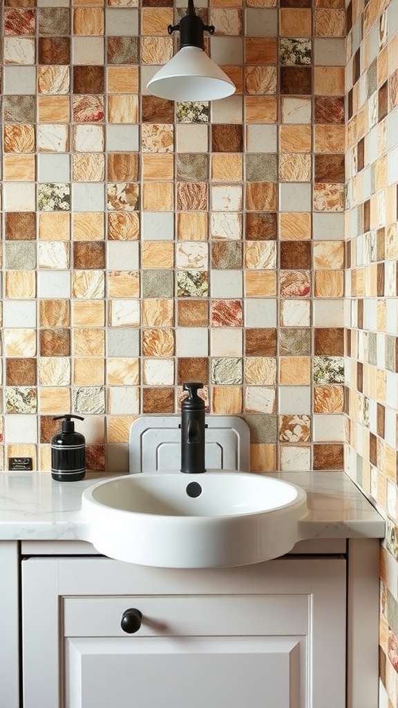 A rustic bathroom backsplash featuring colorful tiles in earthy tones.