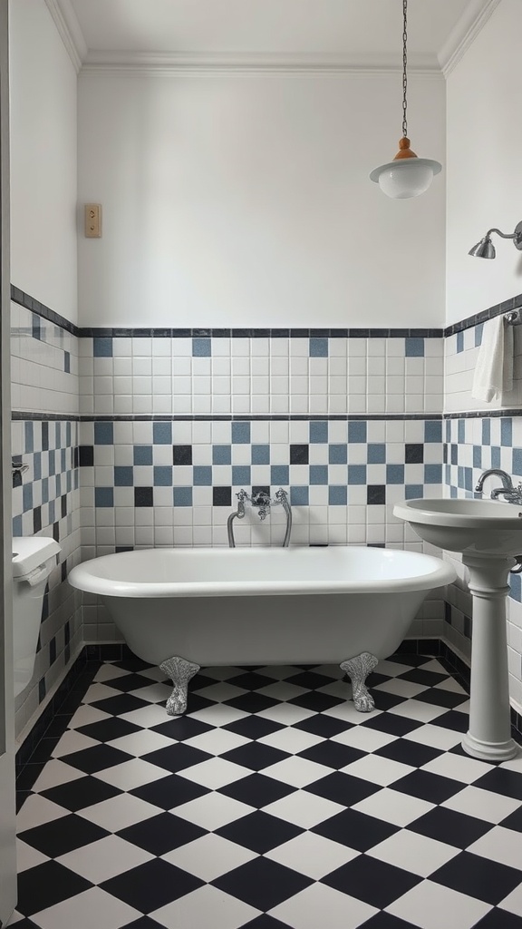 A vintage bathroom featuring classic black and white checkerboard tiles on the floor and walls, with a clawfoot tub and pedestal sink.