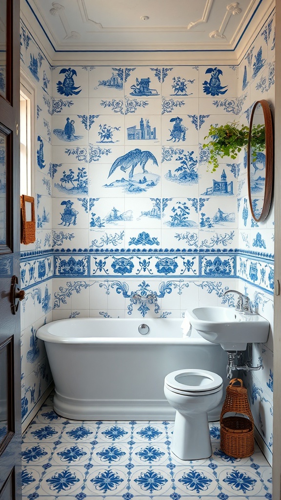 A vintage bathroom featuring classic blue and white Delft tiles on the walls and floor, with a freestanding bathtub and natural greenery.