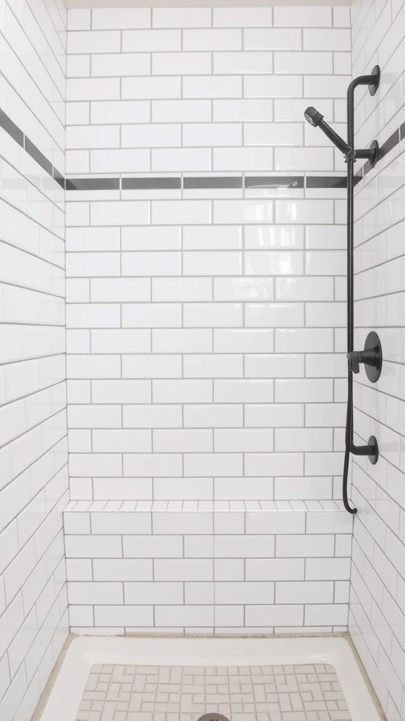 A shower featuring classic white subway tiles with dark grout contrast and black fixtures.