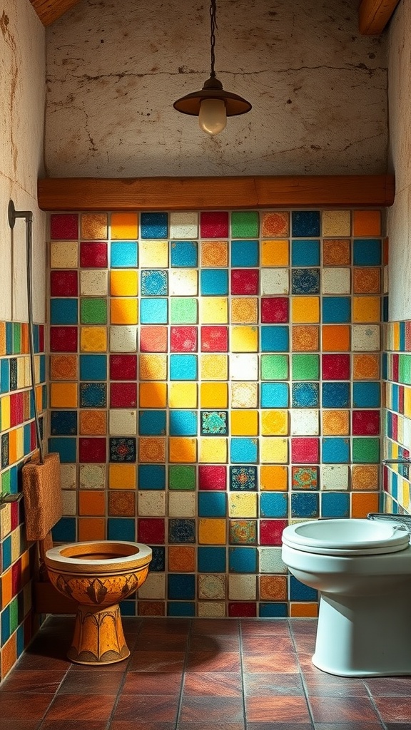 A rustic bathroom featuring a colorful tiled wall with vibrant glazed tiles.