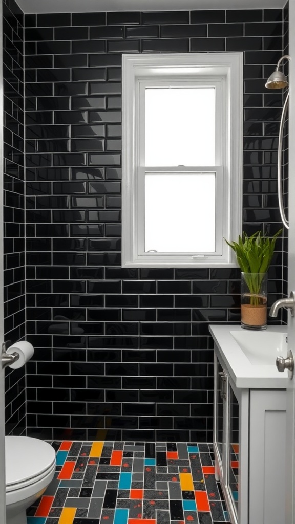 A stylish black subway tile bathroom featuring colorful accent tiles on the floor.