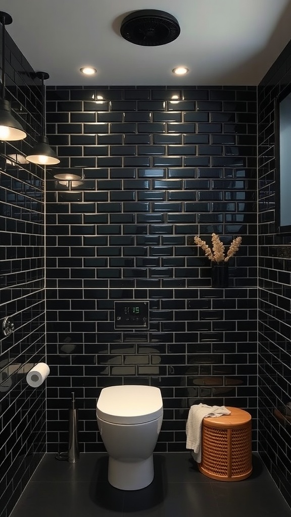 Bathroom with black subway tiles and stylish lighting fixtures.