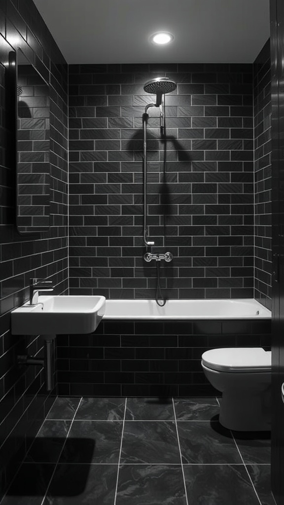 A modern bathroom with black tiles, featuring a shower, sink, and toilet, illuminated by dramatic lighting.