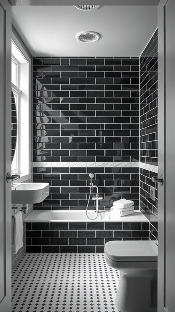 A black subway tile bathroom featuring a white sink and patterned floor.