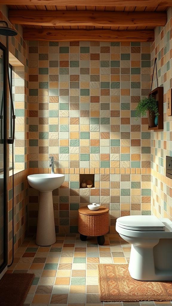 A rustic bathroom with earthy colored tiles, featuring warm tones and a modern sink.