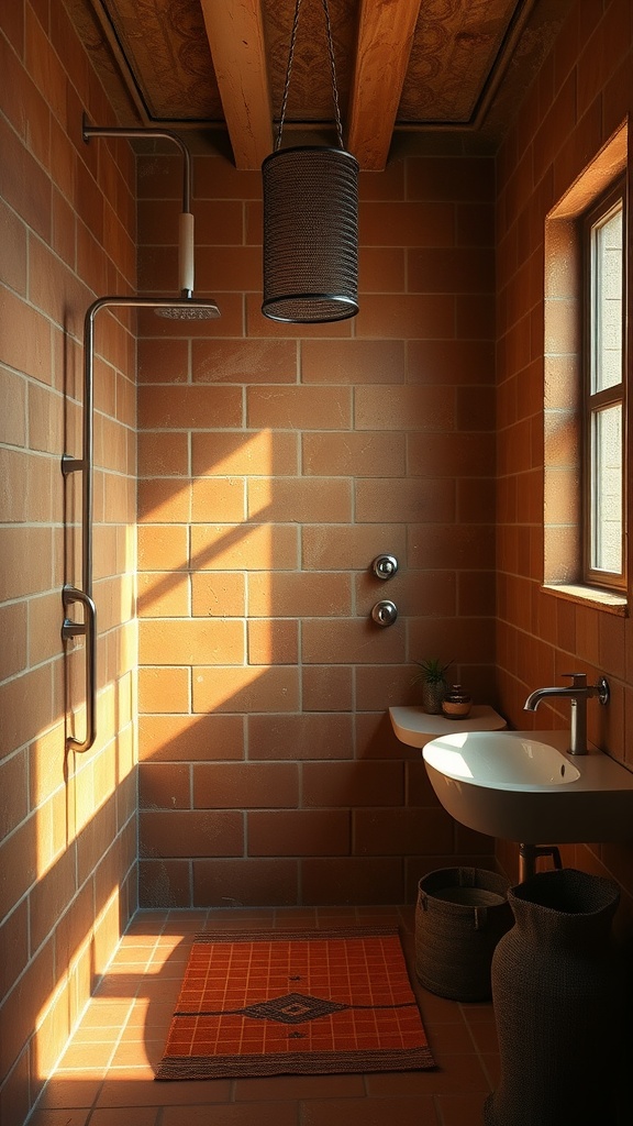 A bathroom shower with terracotta tiles, wooden ceiling, and a small plant.