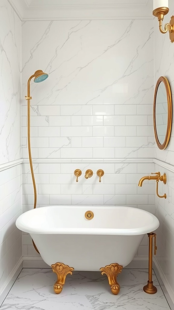 A vintage bathroom featuring Carrara marble accents with a freestanding tub and gold fixtures.