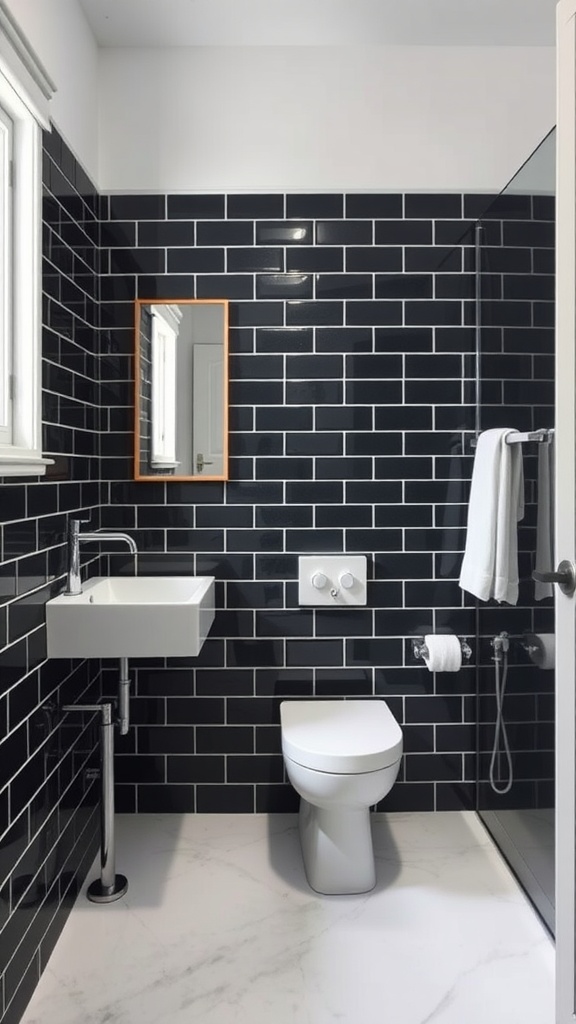 A stylish black subway tile bathroom with a matte finish, featuring a white sink, toilet, and glass shower.