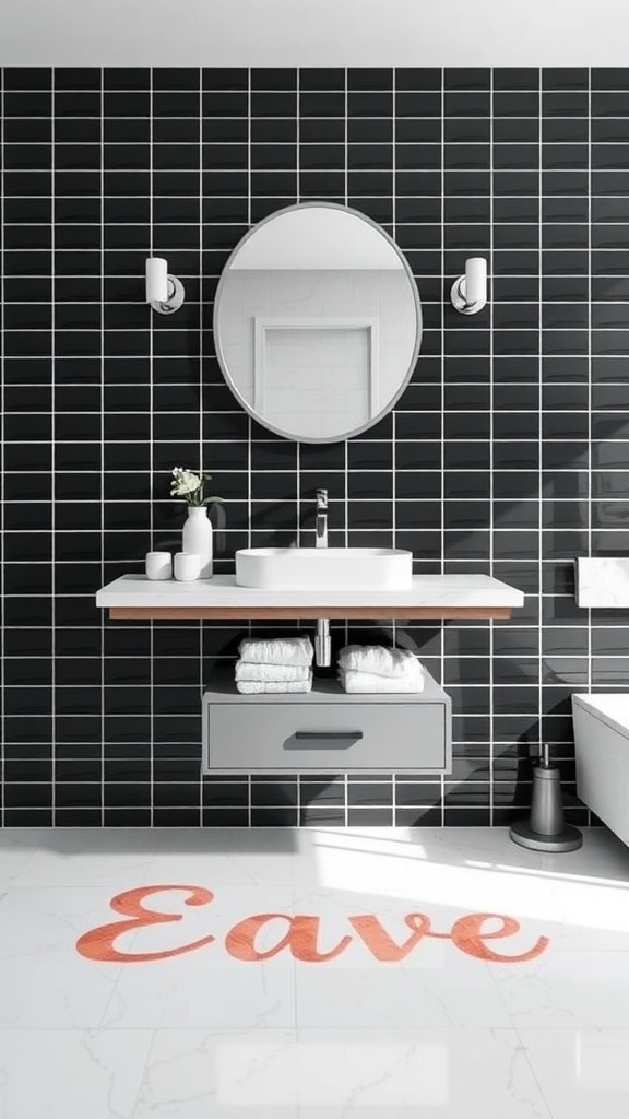 A modern bathroom featuring a floating vanity with a light wood countertop and black tiled walls.