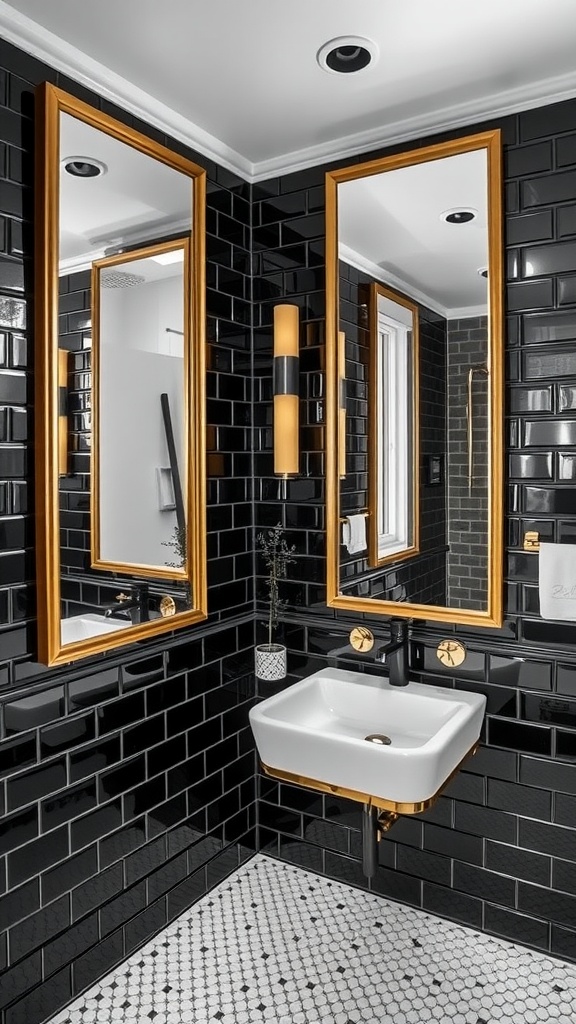 A stylish black subway tile bathroom featuring framed mirrors and a white sink.