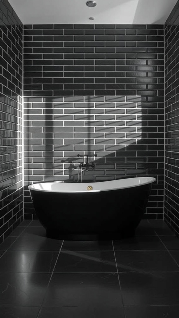 A modern freestanding bathtub in a sleek black subway tile bathroom.