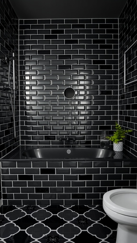 A modern bathroom featuring black subway tiles on the walls and a geometric patterned floor.