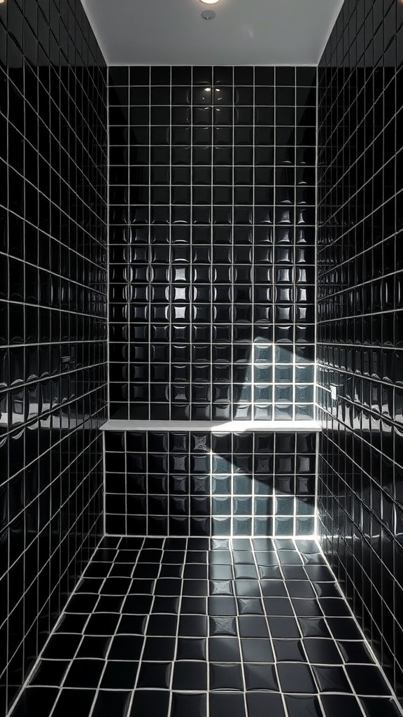 Black tiled bathroom with geometric patterns and glossy finish