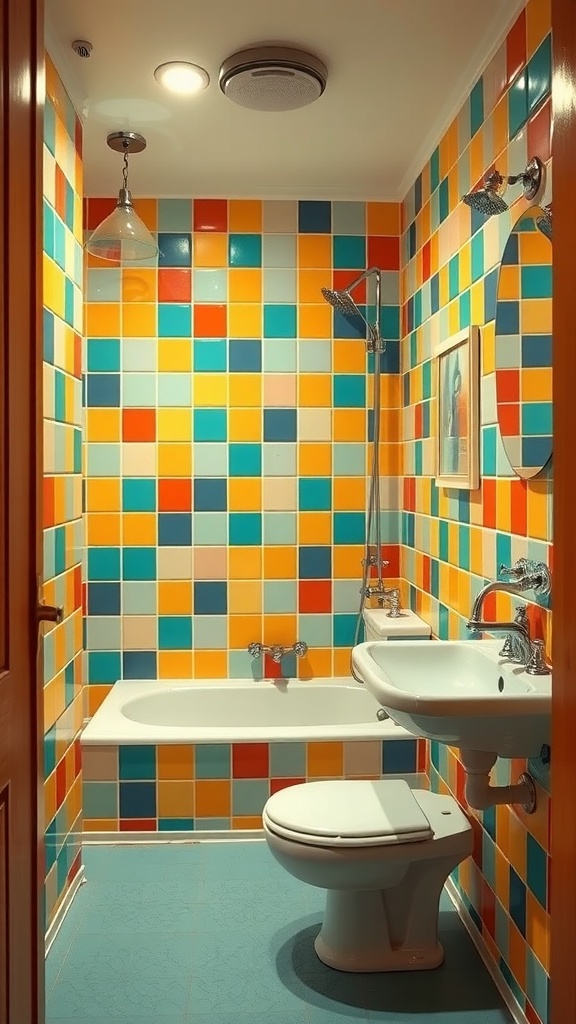 A vibrant bathroom with geometric retro tiles in orange, blue, and yellow colors, featuring a bathtub and sink.