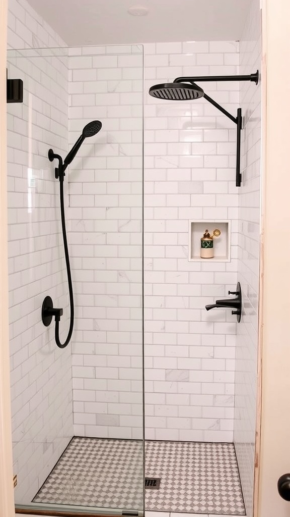 A modern farmhouse shower featuring white subway tiles and geometric patterned flooring.