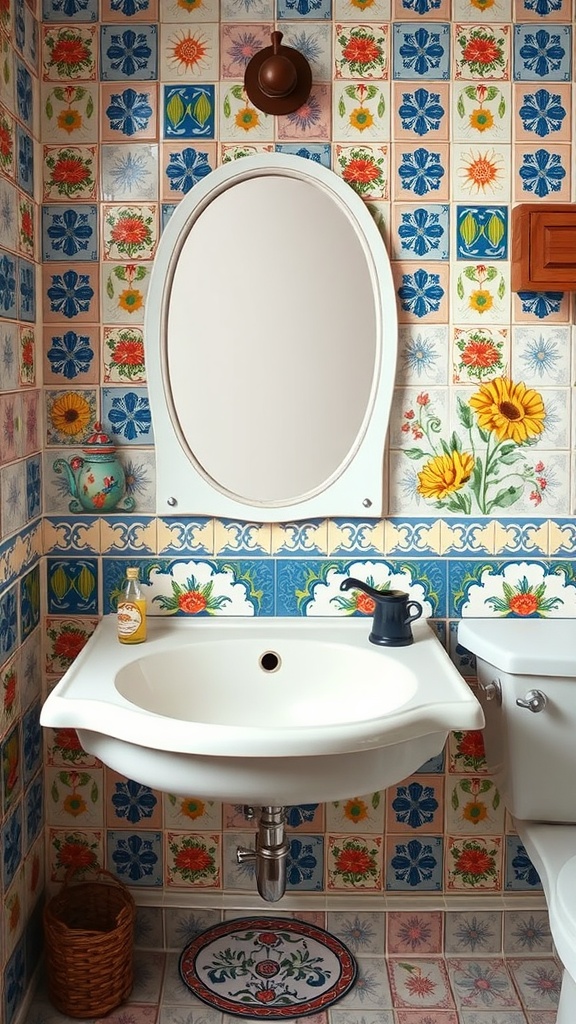 A rustic bathroom featuring hand-painted ceramic tiles with floral patterns, a white sink, a mirror, and a decorative basket.