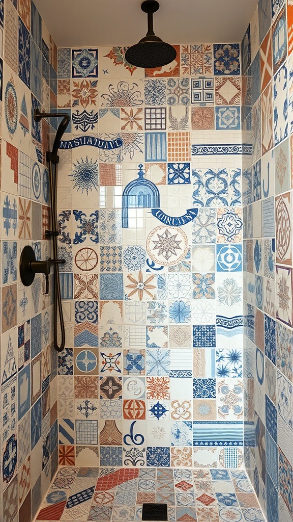 A beautifully tiled farmhouse bathroom shower with handcrafted artisan tiles in various patterns and colors.