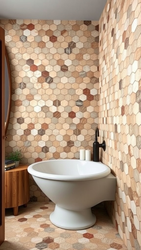 Rustic bathroom featuring hexagon mosaic tile patterns in warm tones.