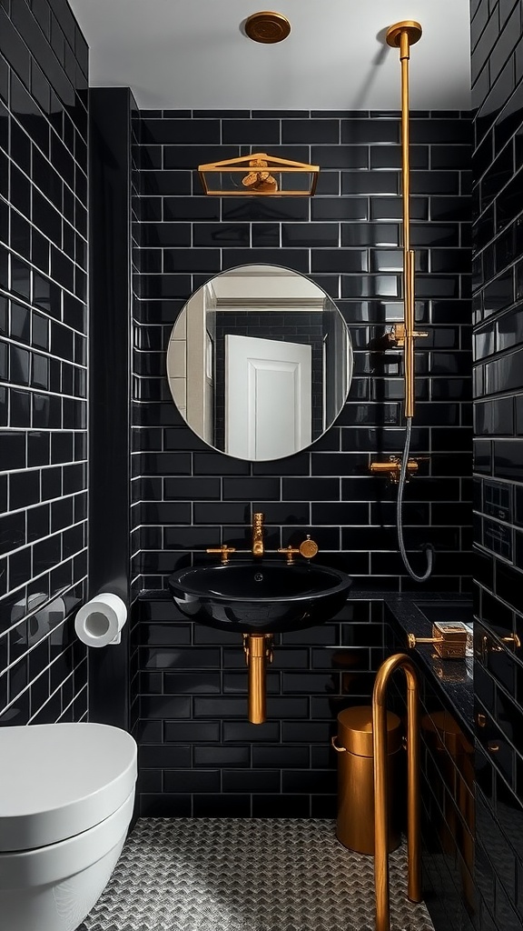 A modern black tile bathroom with gold fixtures, featuring a round mirror and a sleek design.