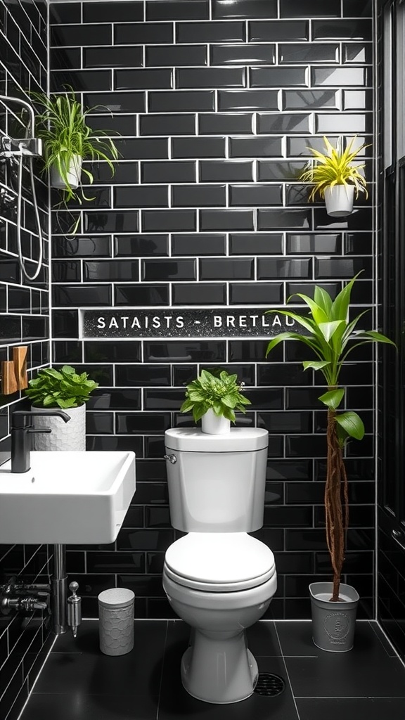 A black subway tile bathroom featuring various plants, including hanging planters and potted plants, alongside a modern sink and toilet.