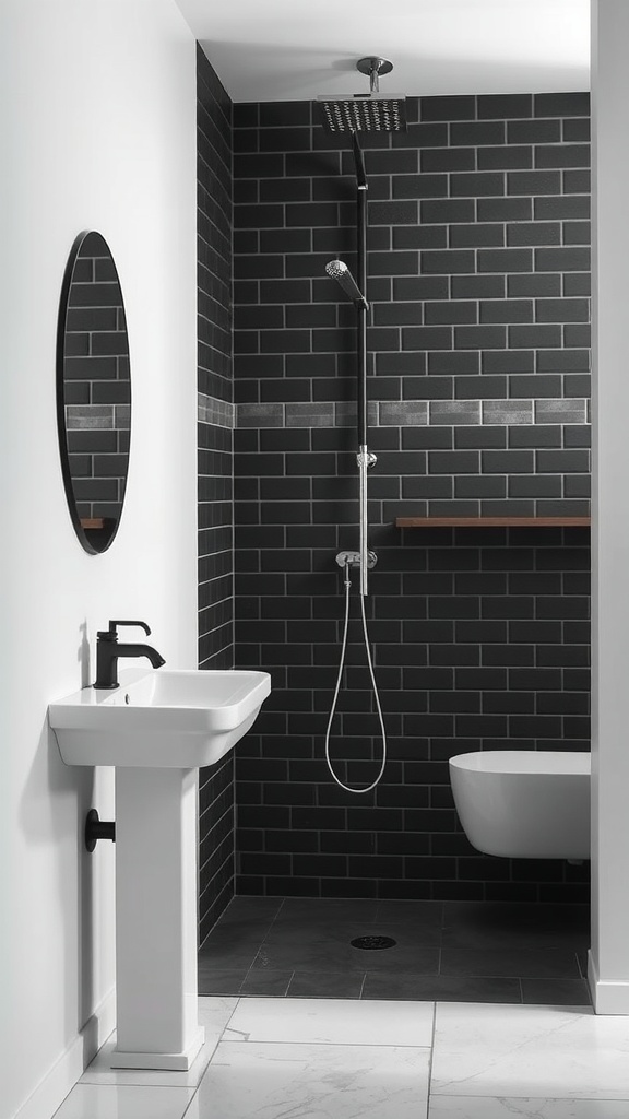 An industrial style bathroom featuring black tiles, a white sink, and a modern shower.