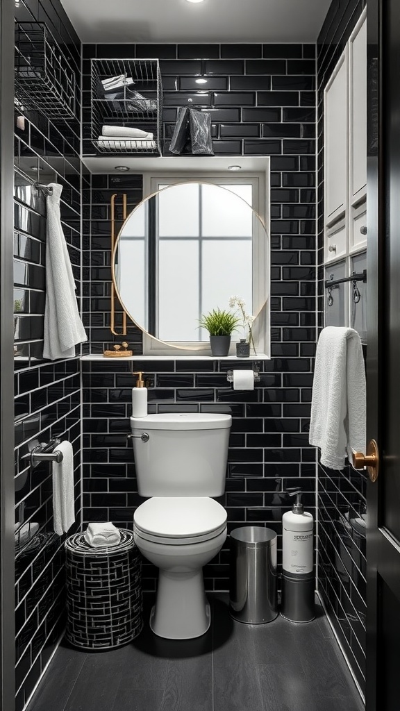 A sleek black subway tile bathroom with innovative storage solutions including a wall-mounted basket and decorative bins.