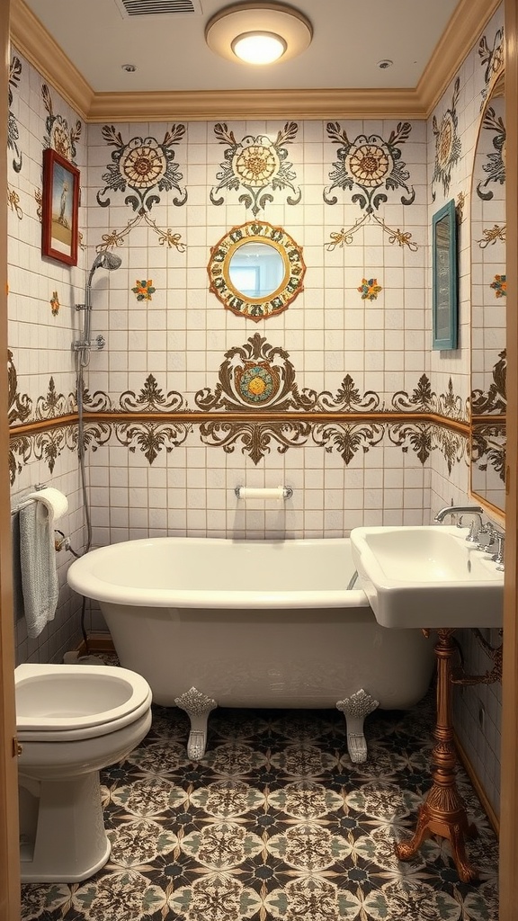 Vintage bathroom with intricate mosaic tile patterns on the floor and decorative wall tiles.